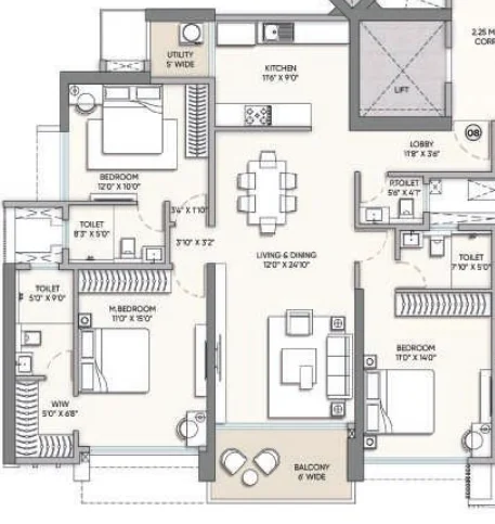 3 BHK floor plan at Raymond Address GS Wadala
