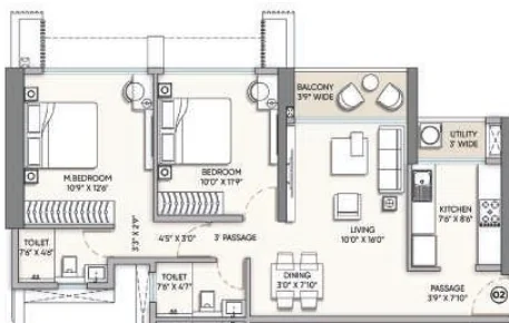 2 BHK floor plan at Raymond Address GS Wadala